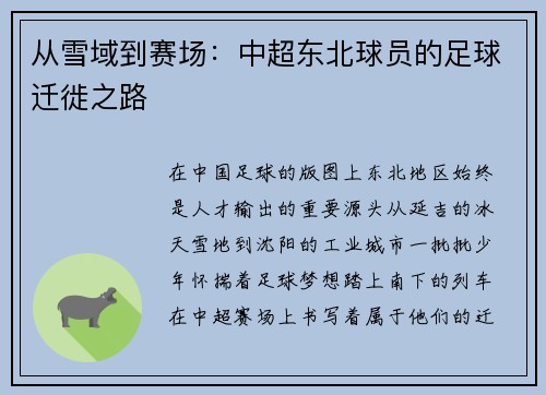 从雪域到赛场：中超东北球员的足球迁徙之路